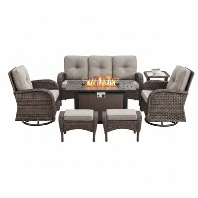 Outdoor Patio Furniture Set Built to Gather, 50,000 BTU Fire Pit Table, Weather Resistant Wicker, 7 Piece