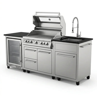 Outdoor Kitchen Island Built to Transform Backyards, 72000 BTU Gas Grill, Granite Countertops, 98 Inch