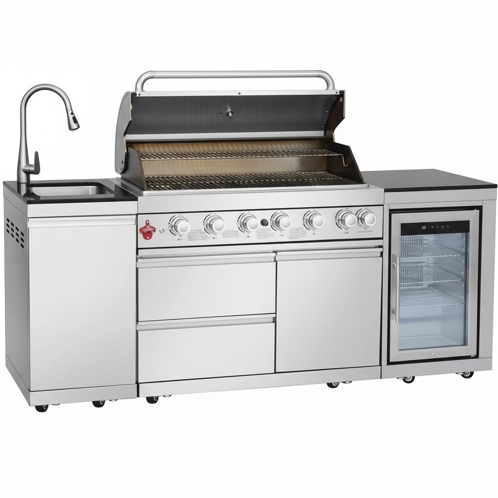 Outdoor Kitchen Island Built for Patio Cooking, 6 Burner Gas Grill, Stainless Steel Sink, Wine Cooler