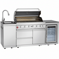 Outdoor Kitchen Island Built for Patio Cooking, 6 Burner Gas Grill, Stainless Steel Sink, Wine Cooler