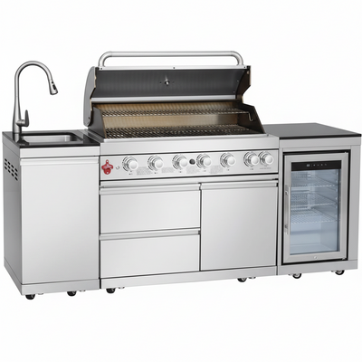 Outdoor Kitchen Island Built for Patio Cooking, 6 Burner Gas Grill, Stainless Steel Sink, Wine Cooler