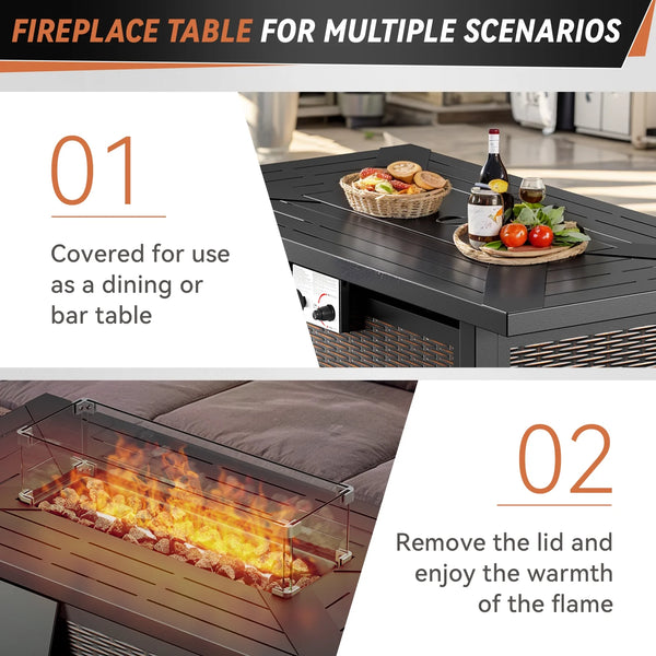Outdoor Patio Furniture Set Built to Gather, 50,000 BTU Fire Pit Table, Weather Resistant Wicker, 7 Piece