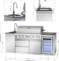 Outdoor Kitchen Island Built for Patio Cooking, 6 Burner Gas Grill, Stainless Steel Sink, Wine Cooler