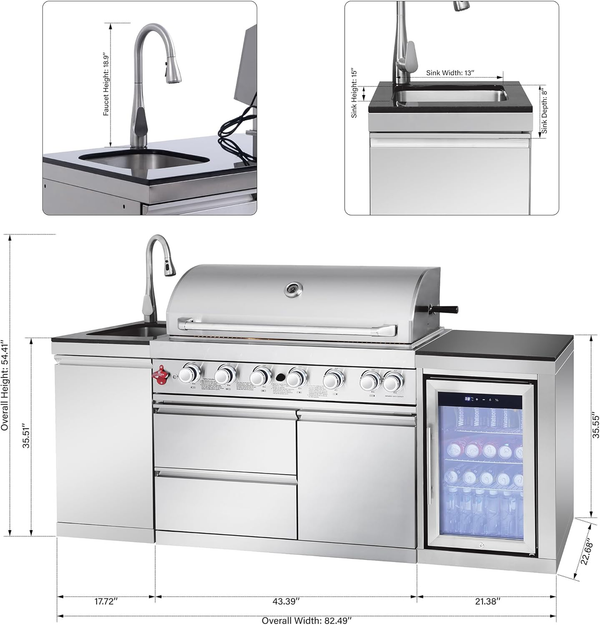 Outdoor Kitchen Island Built for Patio Cooking, 6 Burner Gas Grill, Stainless Steel Sink, Wine Cooler