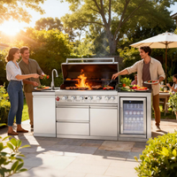 Outdoor Kitchen Island Built for Patio Cooking, 6 Burner Gas Grill, Stainless Steel Sink, Wine Cooler