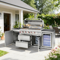 Outdoor Kitchen Island Built for Patio Cooking, 6 Burner Gas Grill, Stainless Steel Sink, Wine Cooler