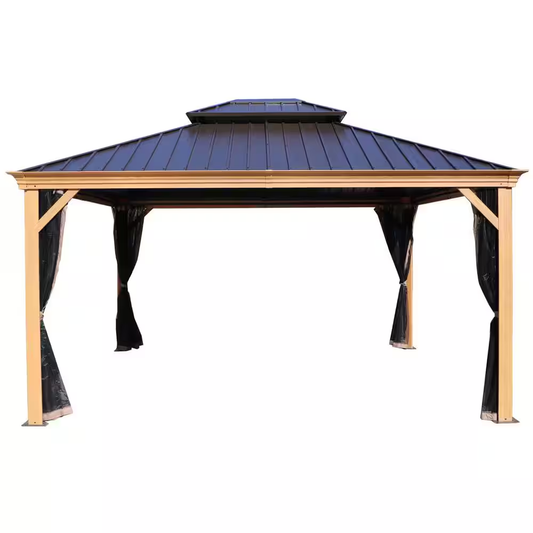 Apollo 12 Ft. X 14 Ft. Wood like Aluminum Hardtop Gazebo with Galvanized Steel Roof and Mosquito Net