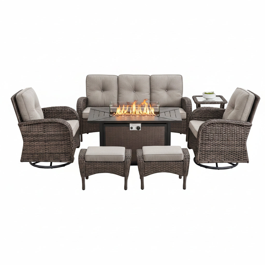 Outdoor Patio Furniture Set Built to Gather, 50,000 BTU Fire Pit Table, Weather Resistant Wicker, 7 Piece