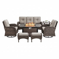 Outdoor Patio Furniture Set Built to Gather, 50,000 BTU Fire Pit Table, Weather Resistant Wicker, 7 Piece