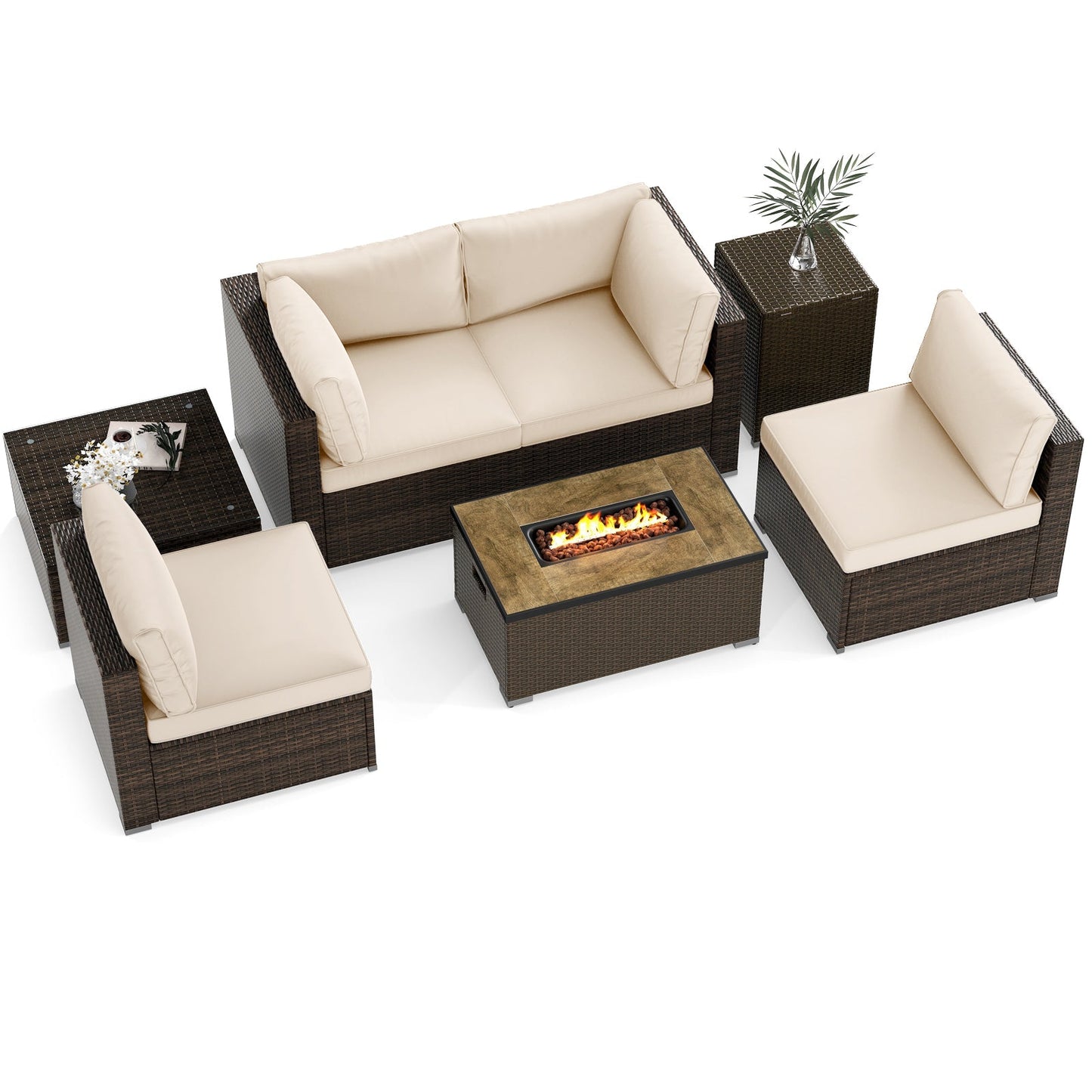 7 Pieces Outdoor Furniture Set with 32 Inch Fire Pit Table and Propane Tank Cover