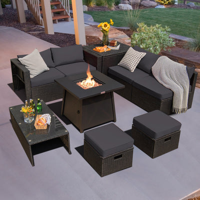 9 Piece Weatherproof Rattan Patio Conversation Set with 30 Inches Propane Fire Pit Table and Dust Covers