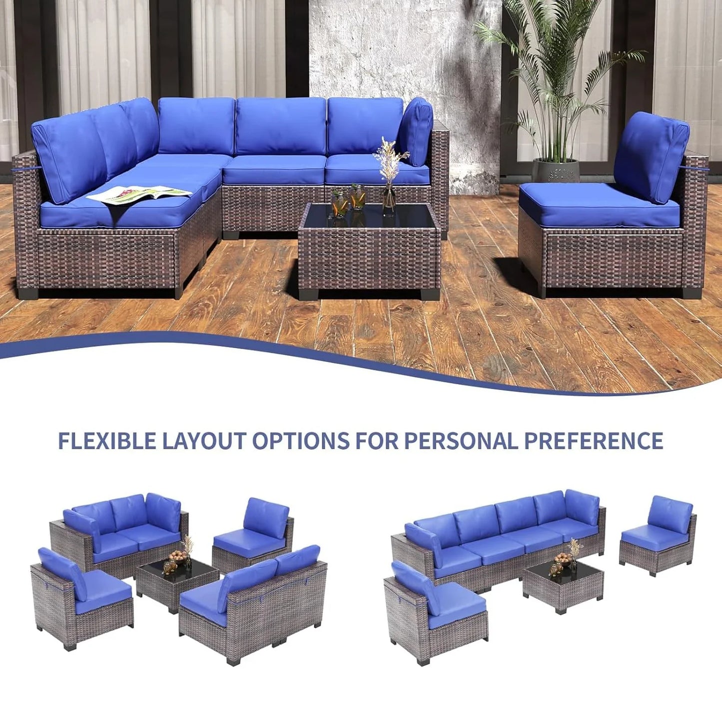 7-Piece Modular Outdoor Furniture Set, PE Rattan Wicker Sectional Modular Conversation Sofa Set, Perfect For Garden Balcony