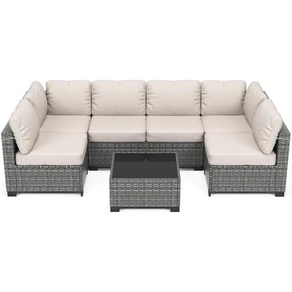 7-Piece Modular Outdoor Furniture Set, PE Rattan Wicker Sectional Modular Conversation Sofa Set, Perfect For Garden Balcony