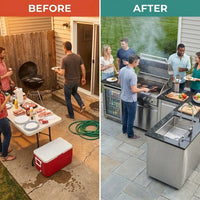BBQ Island Outdoor Kitchen Kits, 4-Burner 72000 BTU Stainless Steel Modular 98 Inch Natural Gas Outdoor Kitchen Bar Barbecue Island Grill with Refrigerator and Sink for Patio Backyard — Before & After