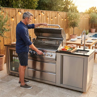 BBQ Island Outdoor Kitchen Kits, 4-Burner 72000 BTU Stainless Steel Modular 98 Inch Natural Gas Outdoor Kitchen Bar Barbecue Island Grill with Refrigerator and Sink for Patio Backyard — Lifestyle