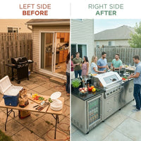 Outdoor Kitchen Island Built to Transform Backyards, 72000 BTU Gas Grill, Granite Countertops, 98 Inch — Before & After