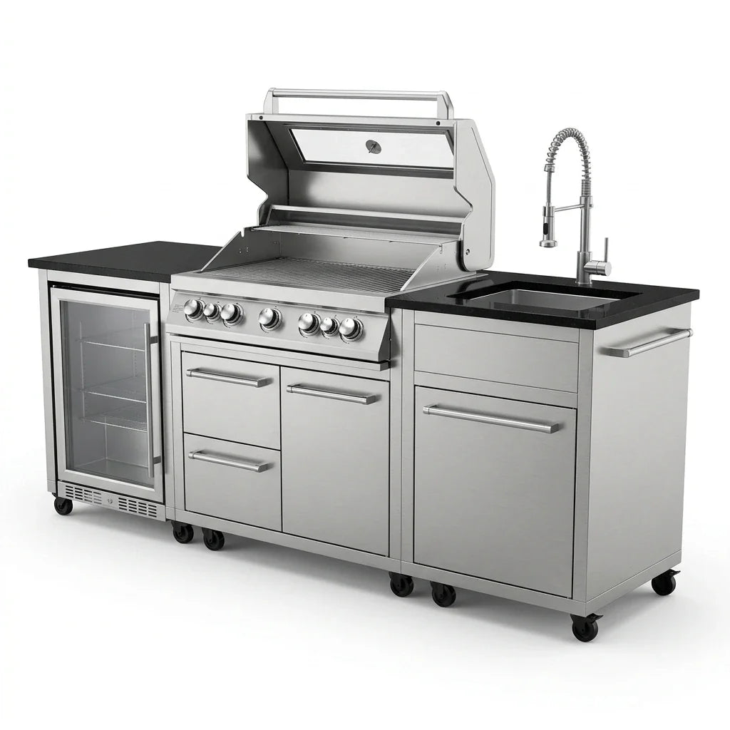 Outdoor Kitchen Island Built to Transform Backyards, 72000 BTU Gas Grill, Granite Countertops, 98 Inch — Studio Shot