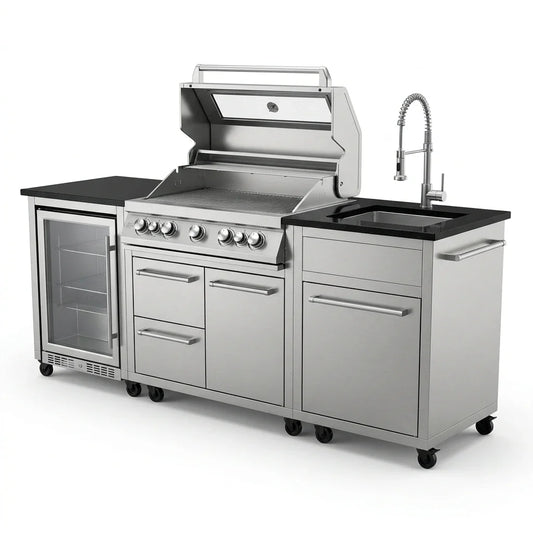Outdoor Kitchen Island Built to Transform Backyards, 72000 BTU Gas Grill, Granite Countertops, 98 Inch — Studio Shot