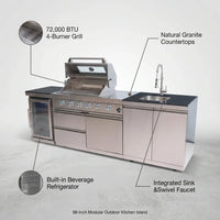 Outdoor Kitchen Island Built to Transform Backyards, 72000 BTU Gas Grill, Granite Countertops, 98 Inch — infographic